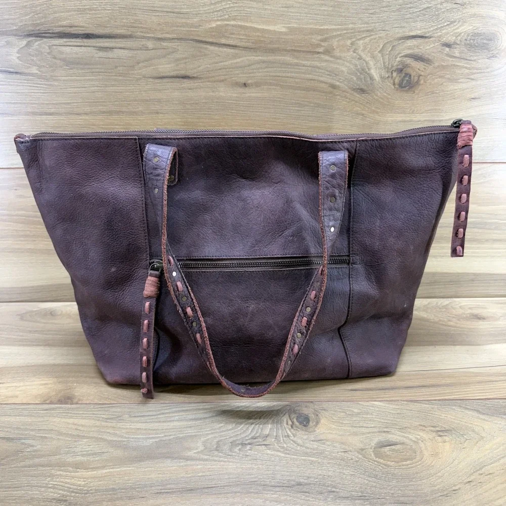 Mo & Co Large Burgundy Brown Leather Zip Top Tote Weave Woven Pink Boho Festival